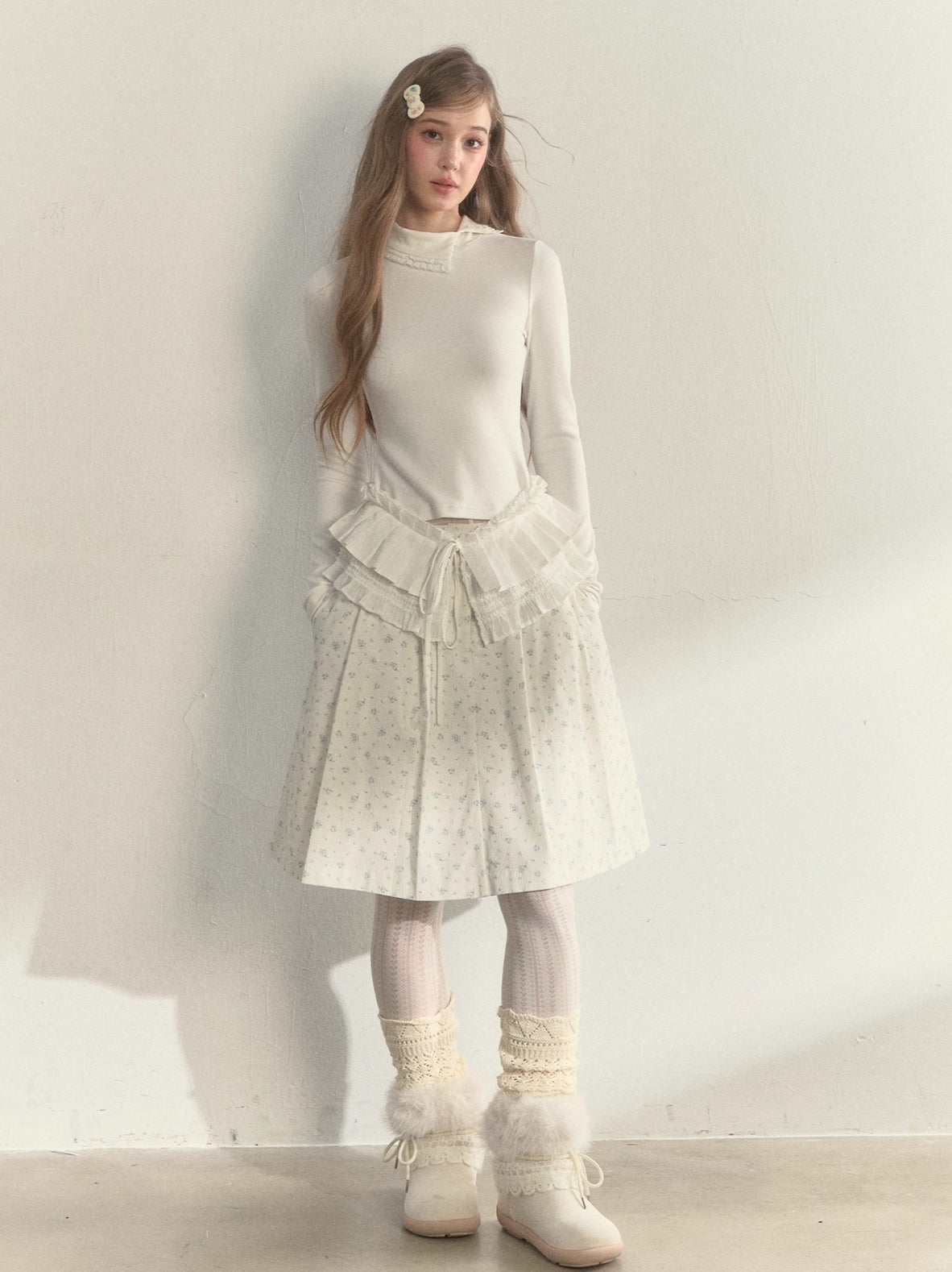 Layered Pleated Mock-Neck Knit T-Shirt