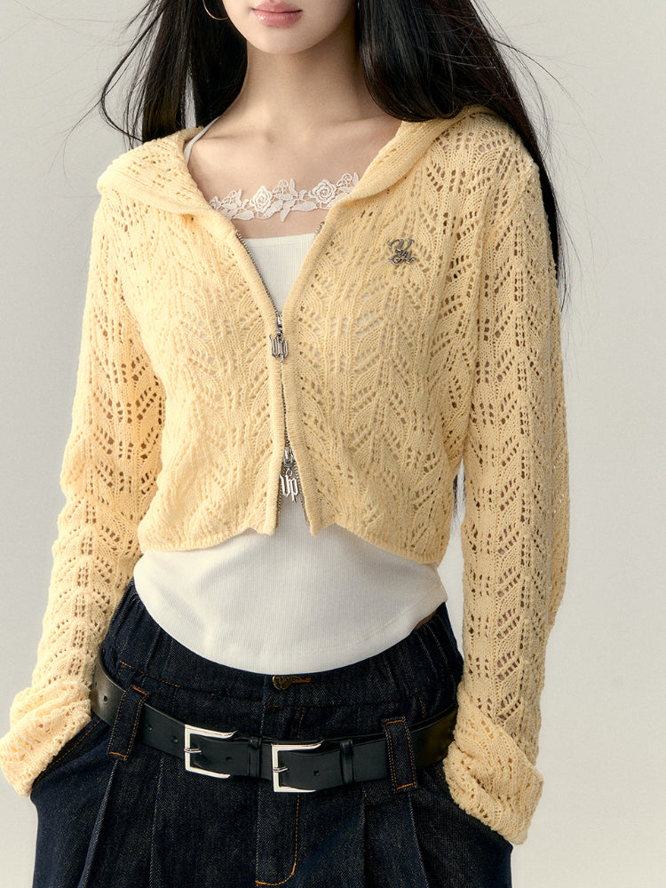 Double Collar Hollow Short Knitted Cardigan