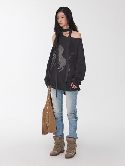 Rhinestone Shoulder-Tie Oversized Sweatshirt