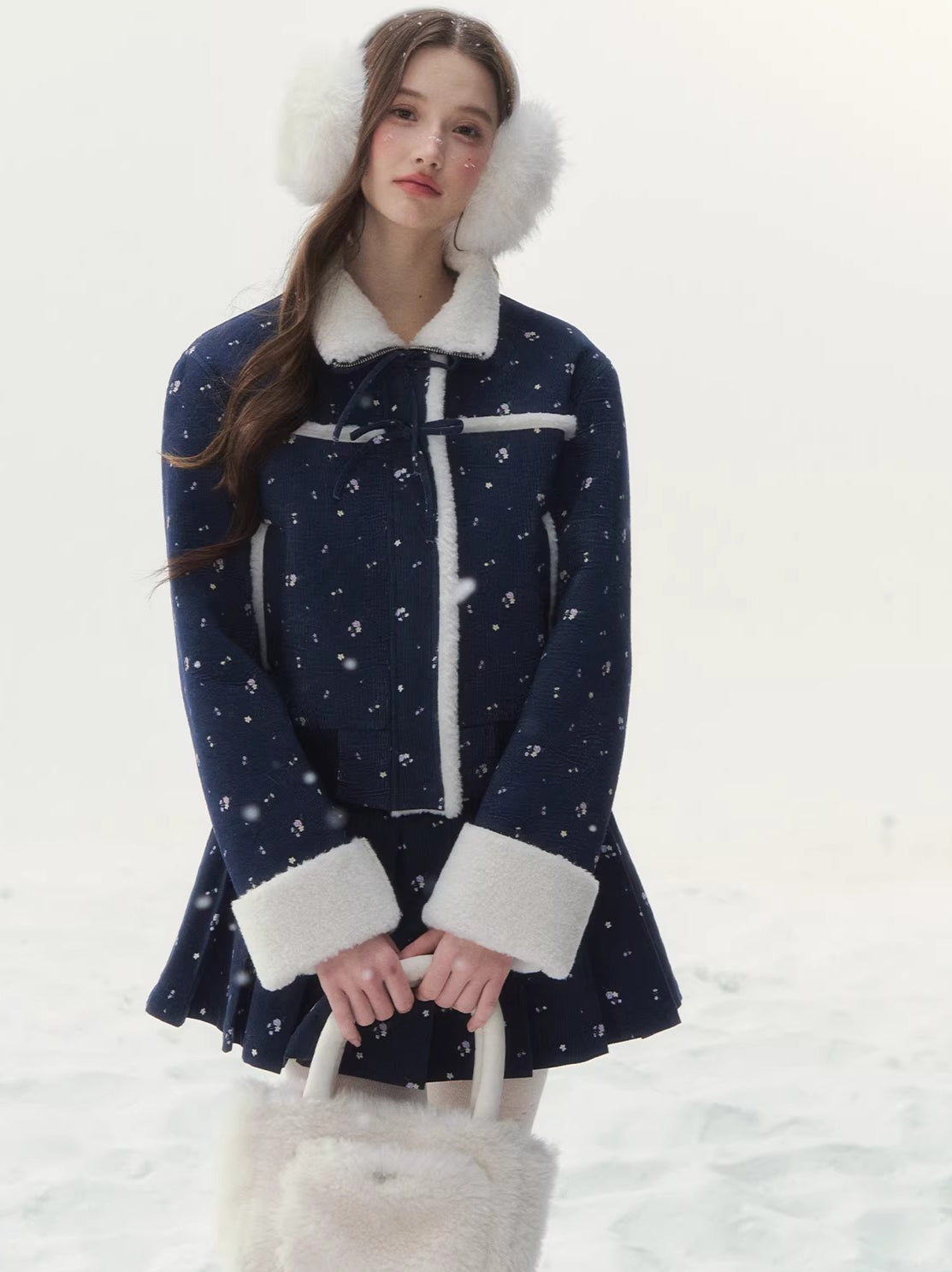 Shearling Patchwork Jacket Pleated Skirt Set