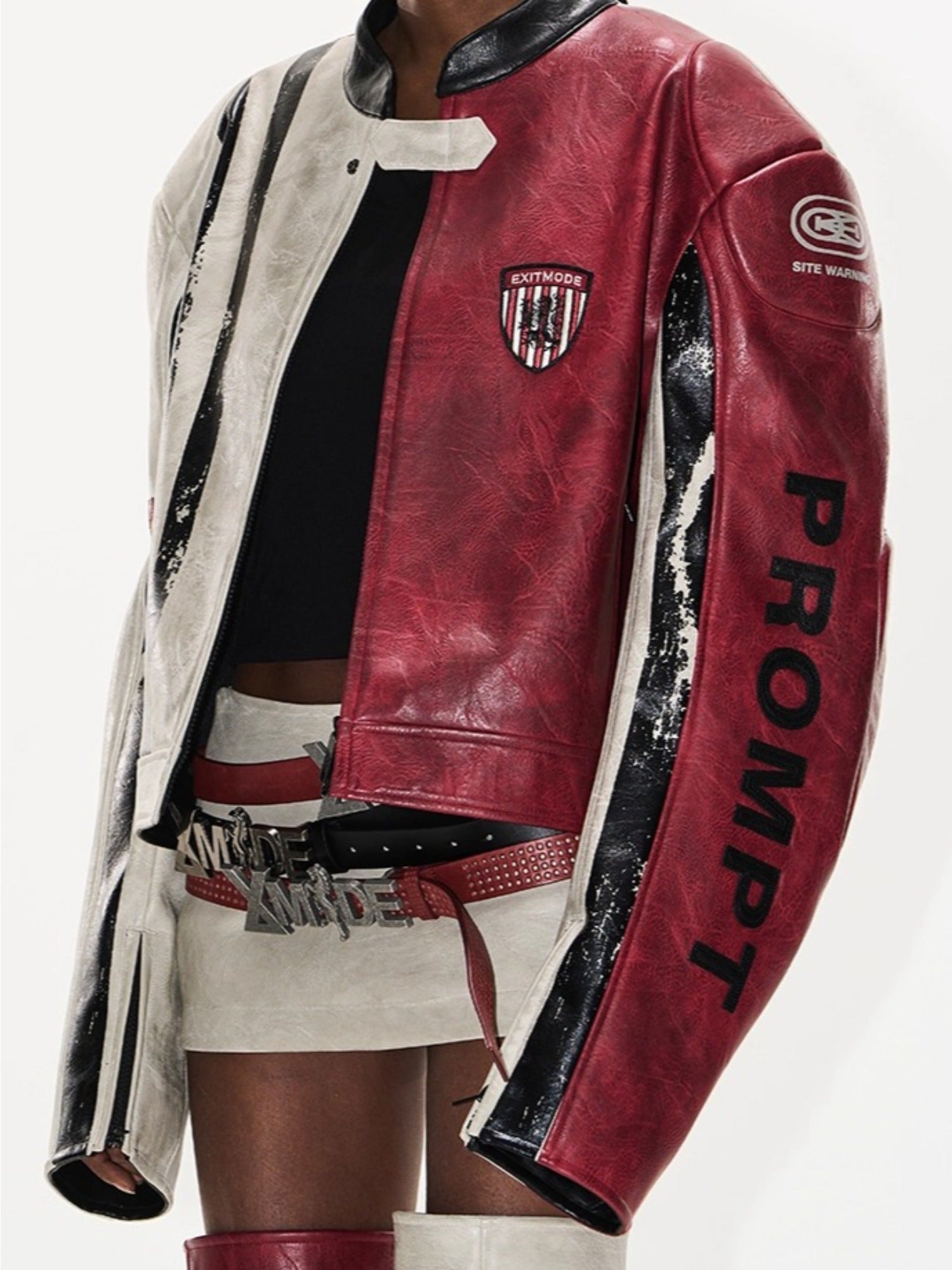 Distressed Contrast Leather Sports Jacket