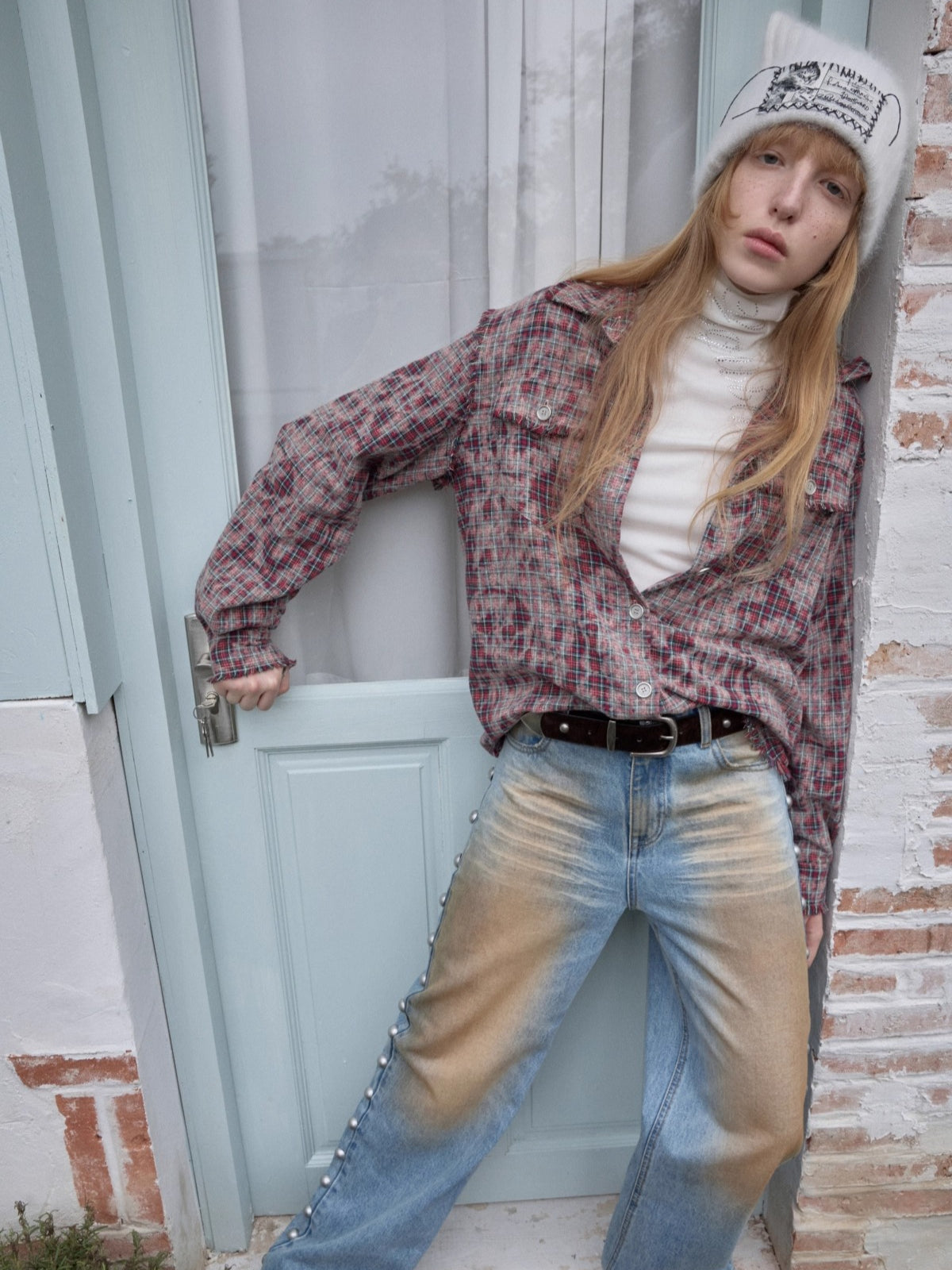 Washed Plaid Frayed-Edge Fitted Shirt