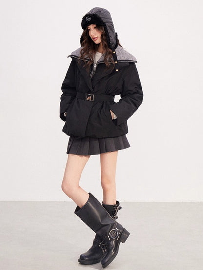 Belted Contrast-Knit Collar Down Coat