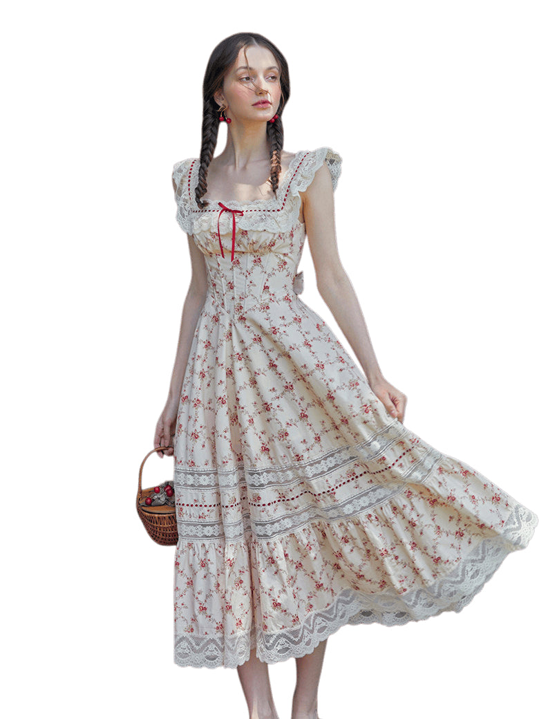 Pastoral Lace Corset Square-Neck Dress Red / XL