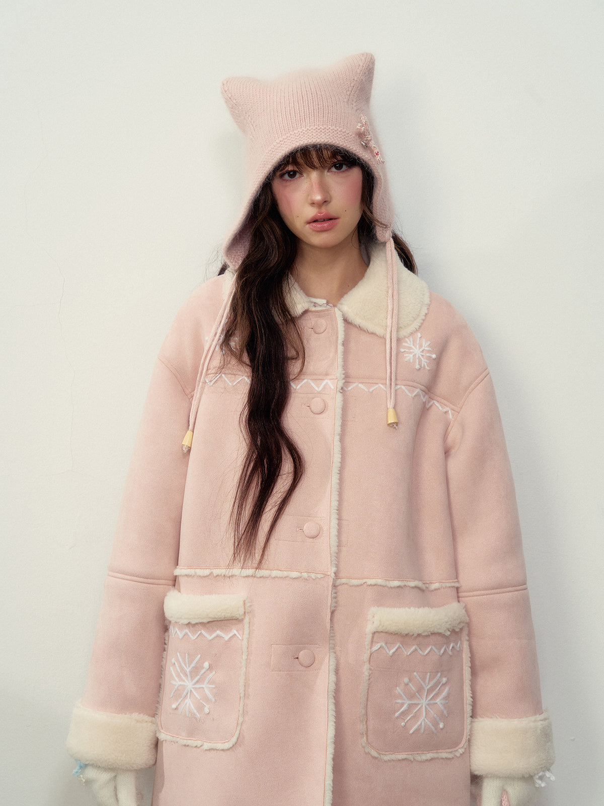 Pink Snowflake Embroidered Faux Shearling Coat