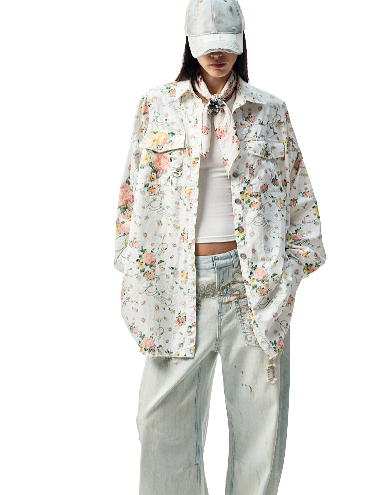 Retro Floral Print Satin Square Scarf