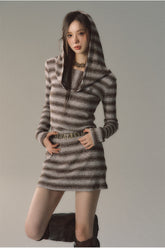 Grey & Khaki Striped Knit Mini Dress - CHINASQUAD