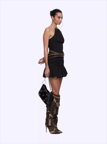 Chain Halter Bubble-Waist Mini Dress