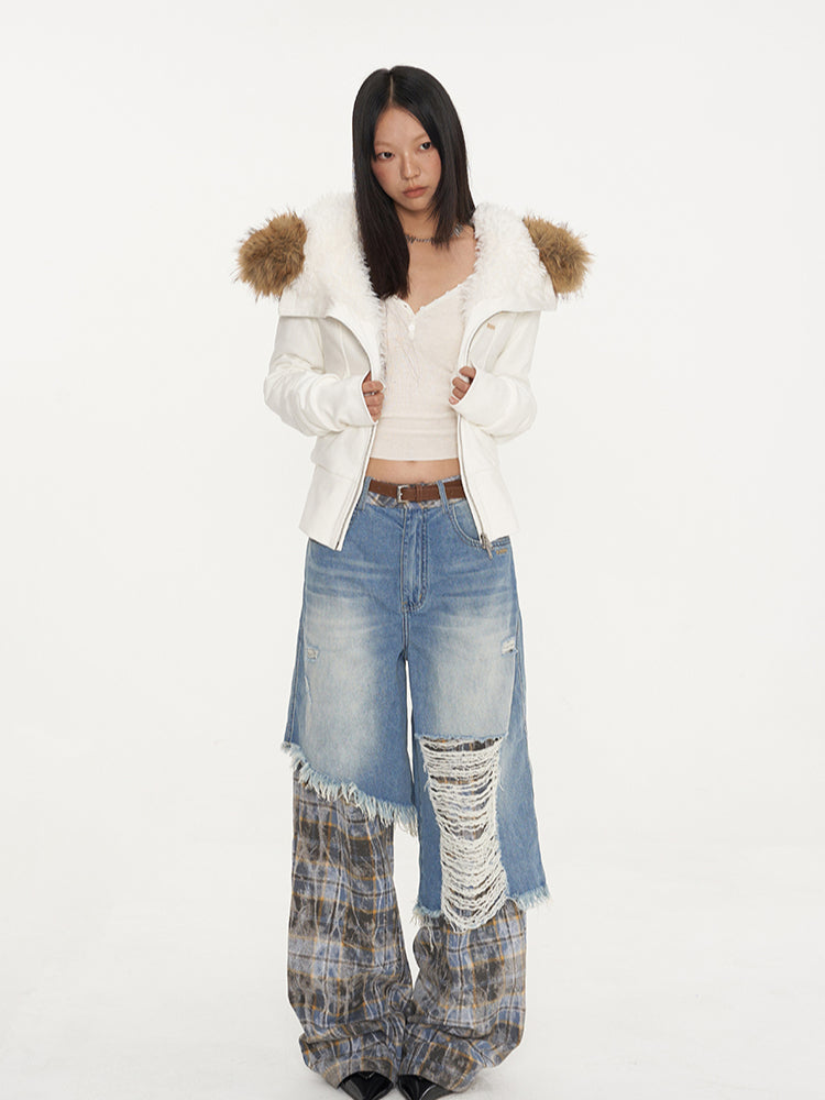 Dual-Layer Plaid Denim Pants