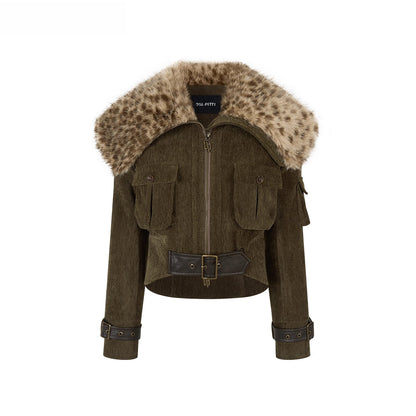 Leopard Faux Fur Collar Belted Puffer Jacket