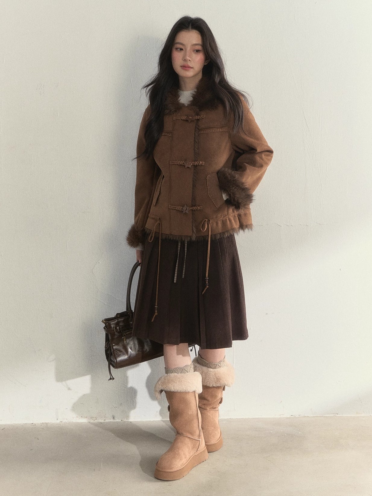 Oak Brown Suede Embroidered Shearling Jacket