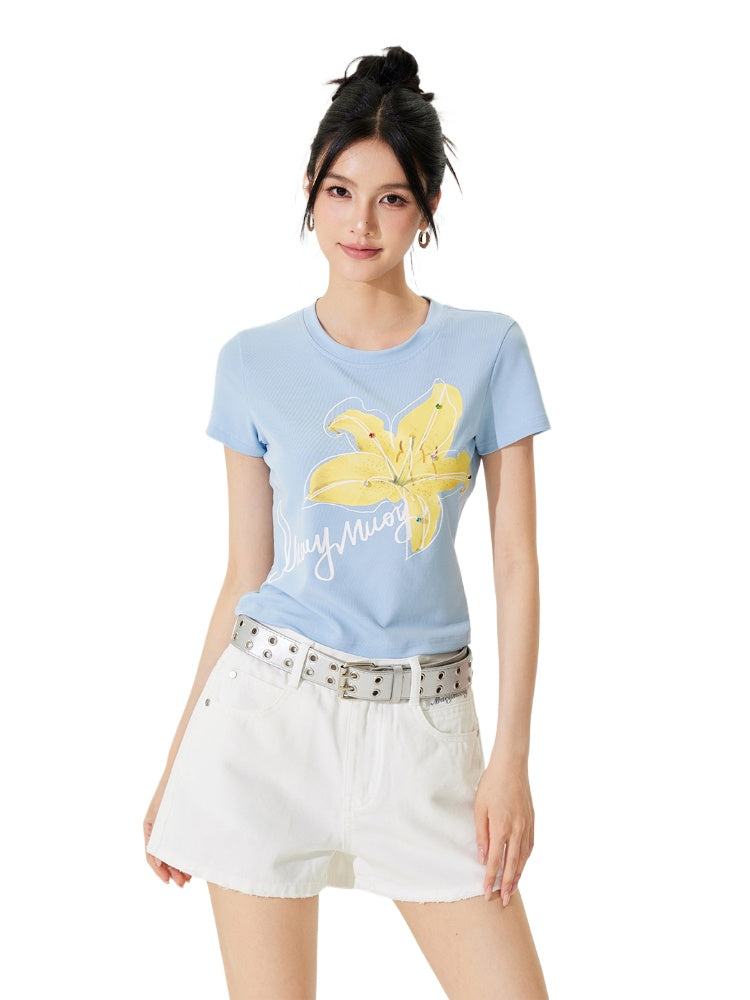 Color Diamond Floral Regular Shoulder T-shirt - CHINASQUAD