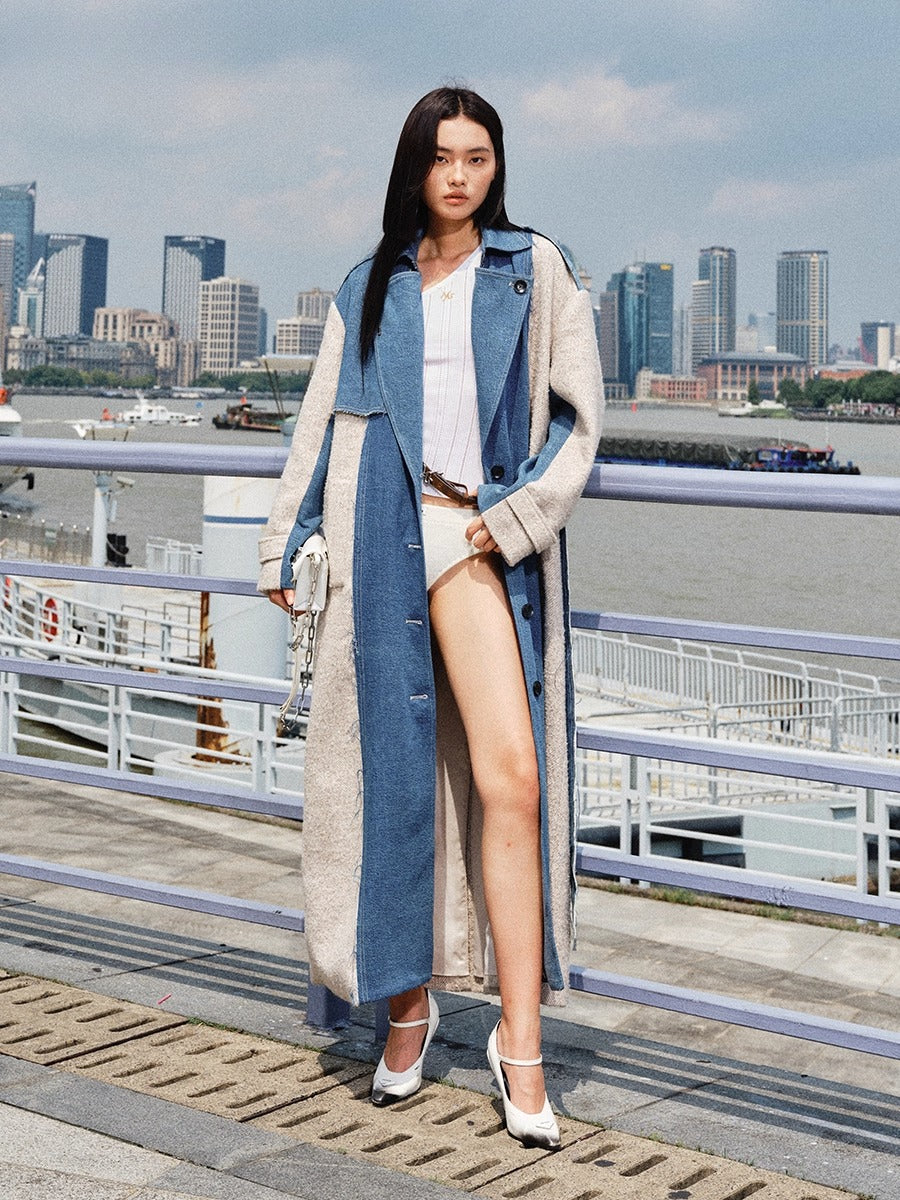 “Caracal Series” Washed Twill Patchwork Wool Denim Trench Coat