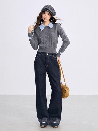 Contrast-Collar Cable-Knit Polo Sweater