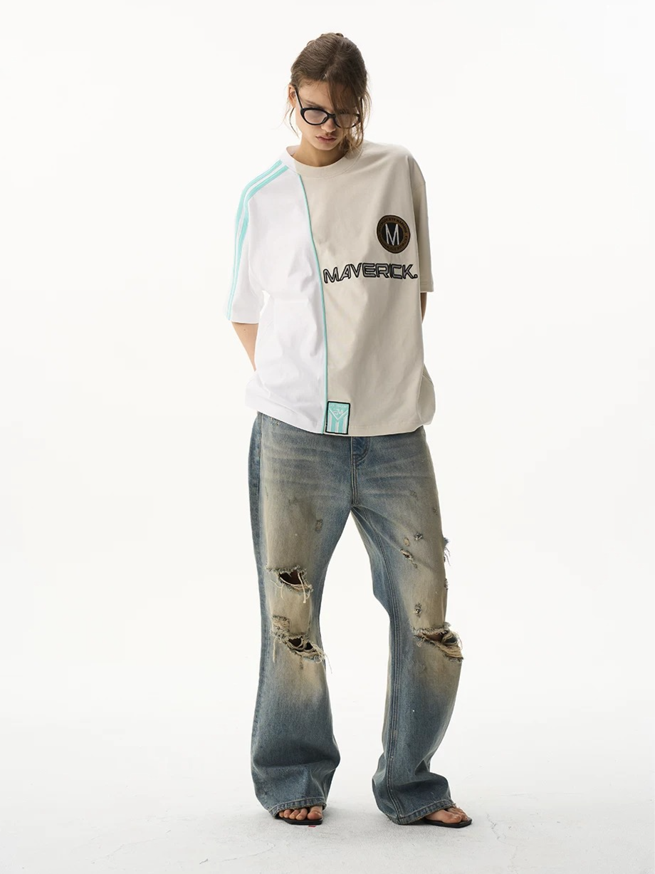 Contrast Panel Tape Embroidered T-Shirt