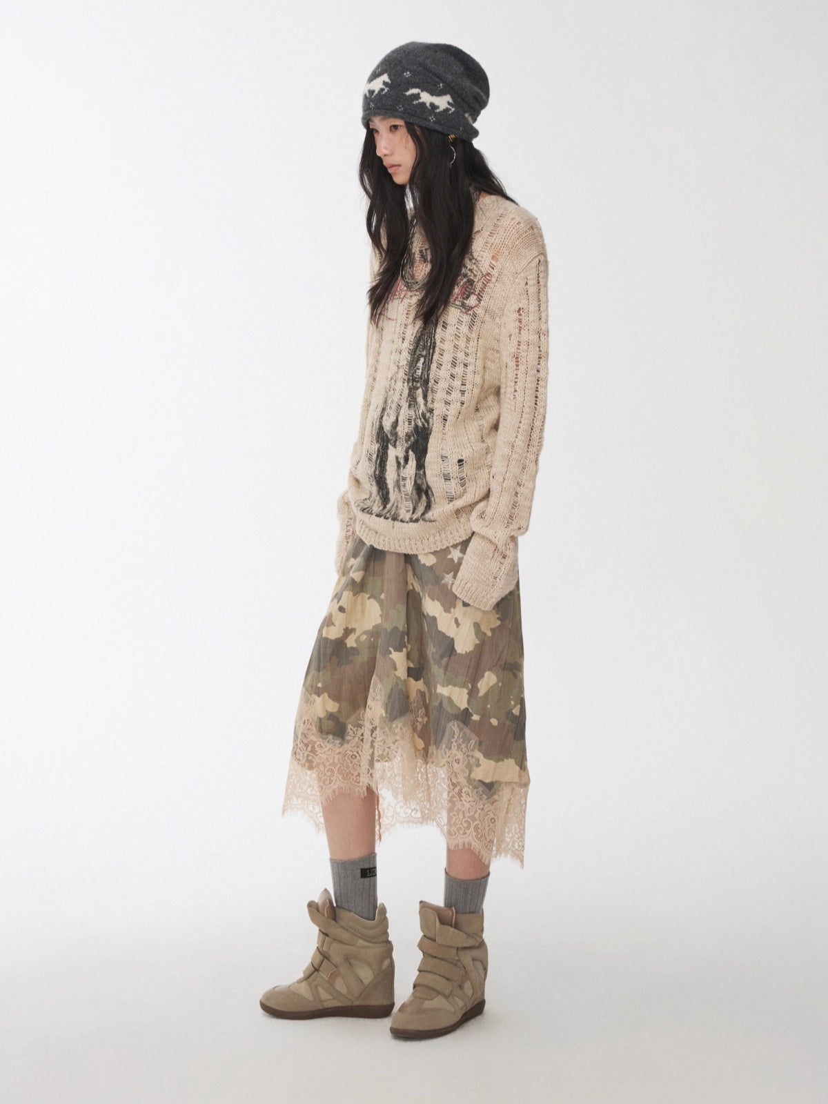 Icelandic Animal Pattern Open-Knit Sweater