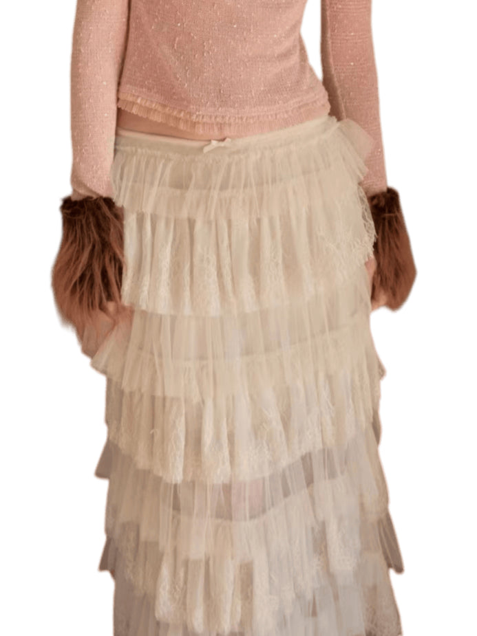 French Lace Layered Tulle Midi Skirt