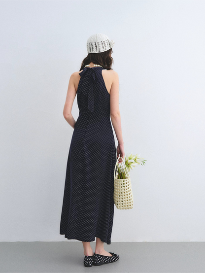 Navy Polka Dot Lace Ruffle V-Neck Sleeveless Midi Dress