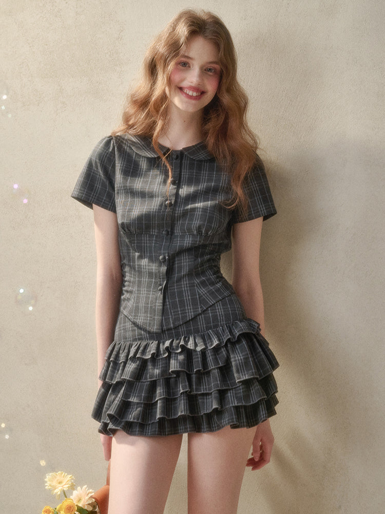 Gray Plaid Doll Collar Lace Waist Shirt &amp; Cami Set