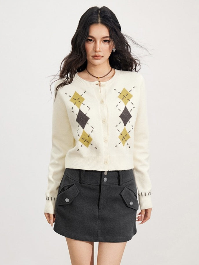 Hand-Stitched Argyle Knit Cardigan