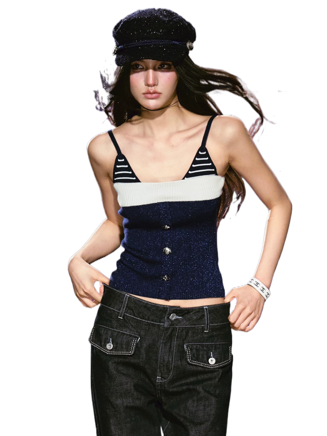 Nautical Stripe Shimmer Knit Faux-Layer Slim Fit Cami Top