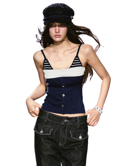 Nautical Stripe Shimmer Knit Faux-Layer Slim Fit Cami Top