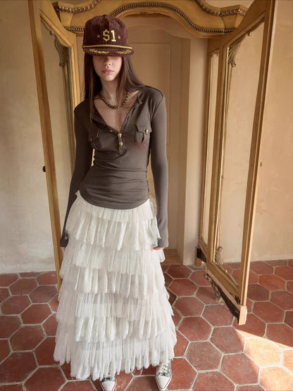 French Lace Layered Tulle Midi Skirt