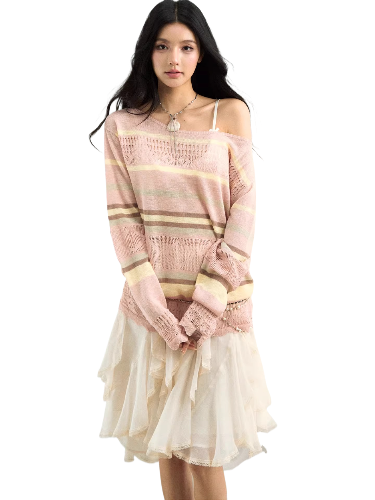 Color-Block Open Knit Stripe Blouse