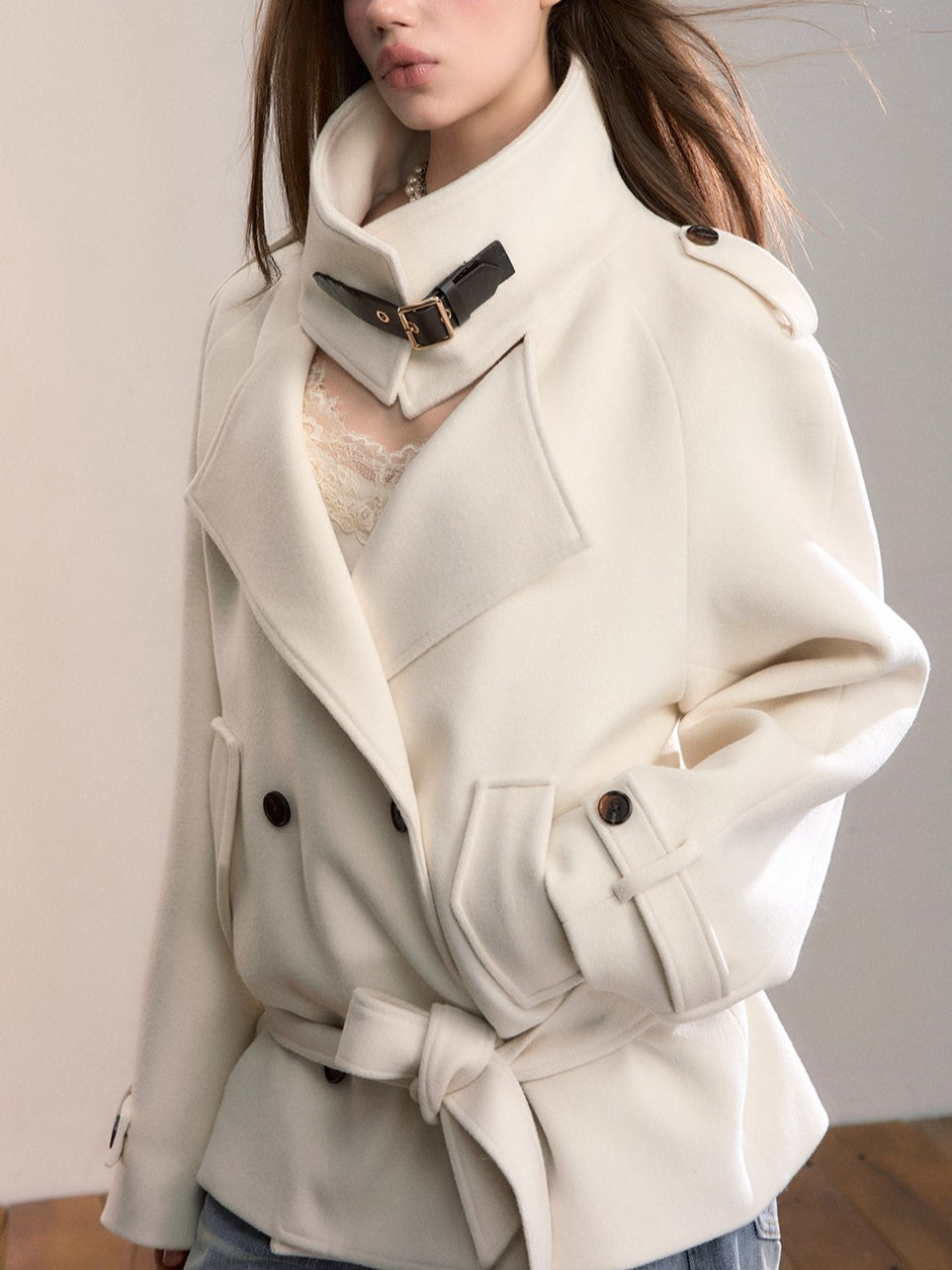 Structured Wool Blend High-Neck Coat