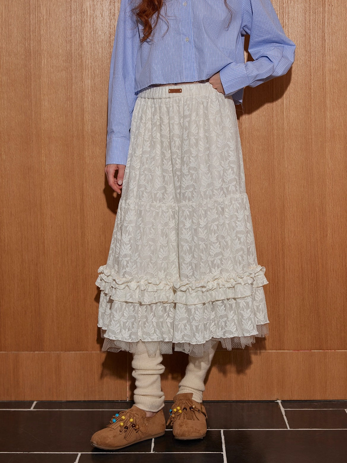 Tiered Jacquard Ruffled Midi Skirt
