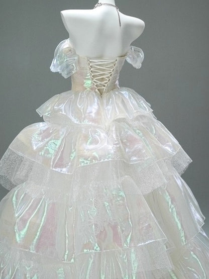 Iridescent Fructose-Sheen Tiered Couture Gown