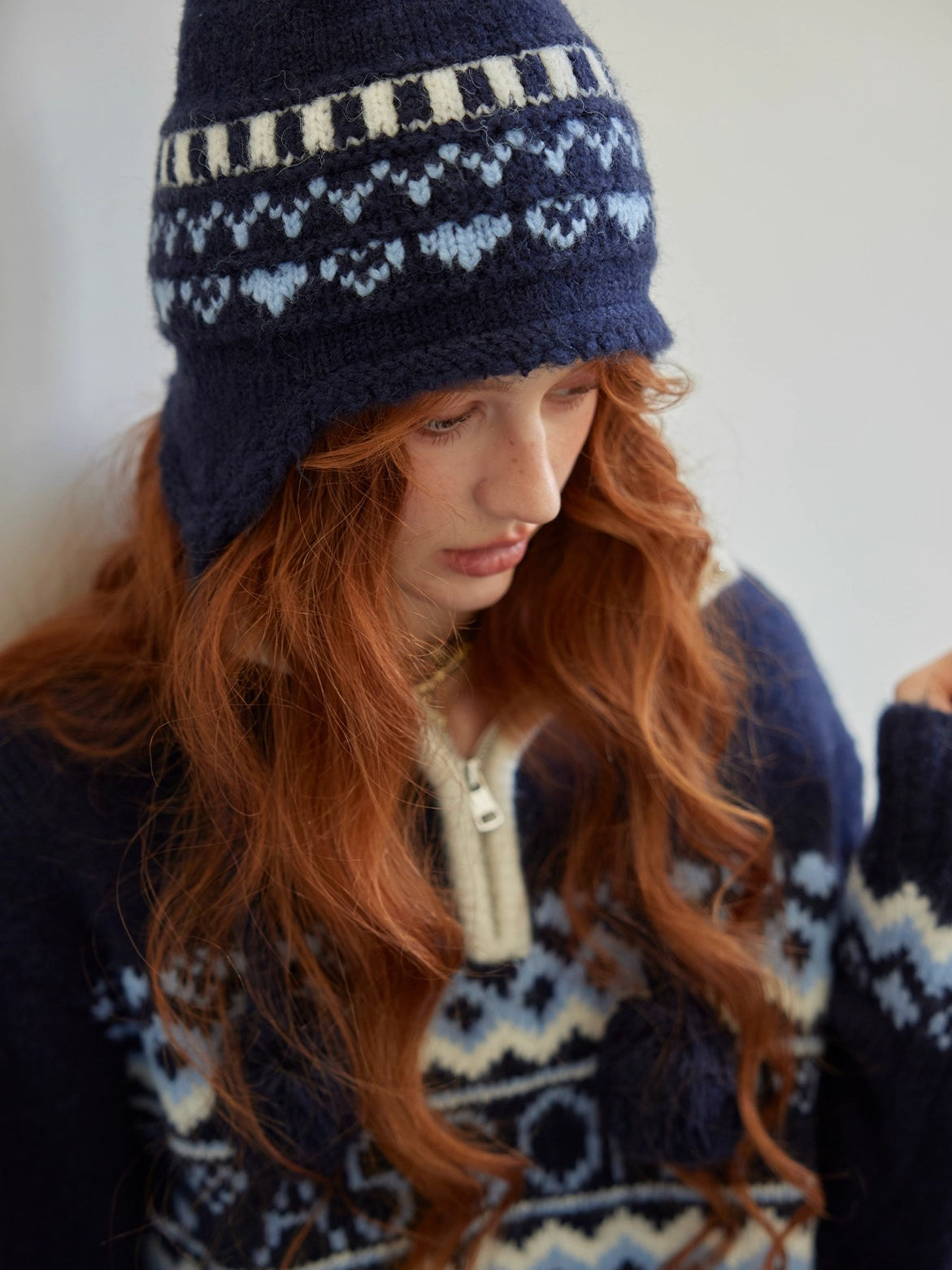 Fair Isle Heart Zip-Up Matching Hat Knit Sweater