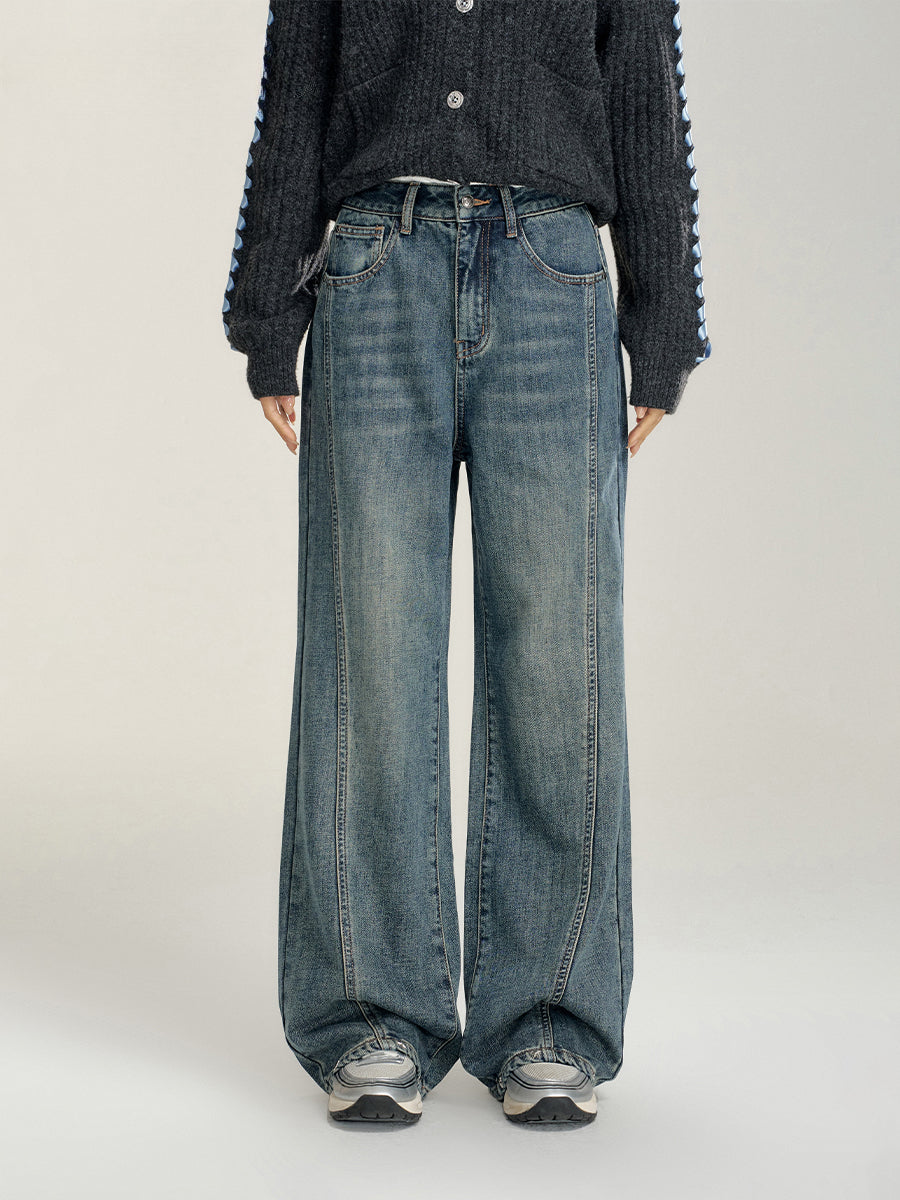 Heart-Patterned Fleece-Lined Wide-Leg Denim Pants