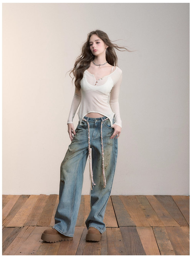 Irregular Knit Waist-Cinched Long-Sleeve Tee