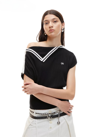 Asymmetric Off-Shoulder Contrast Trim Cinched Tee