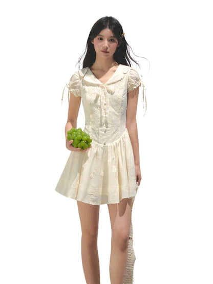 Embroidered Shirt-Collar Tea-Break Dress