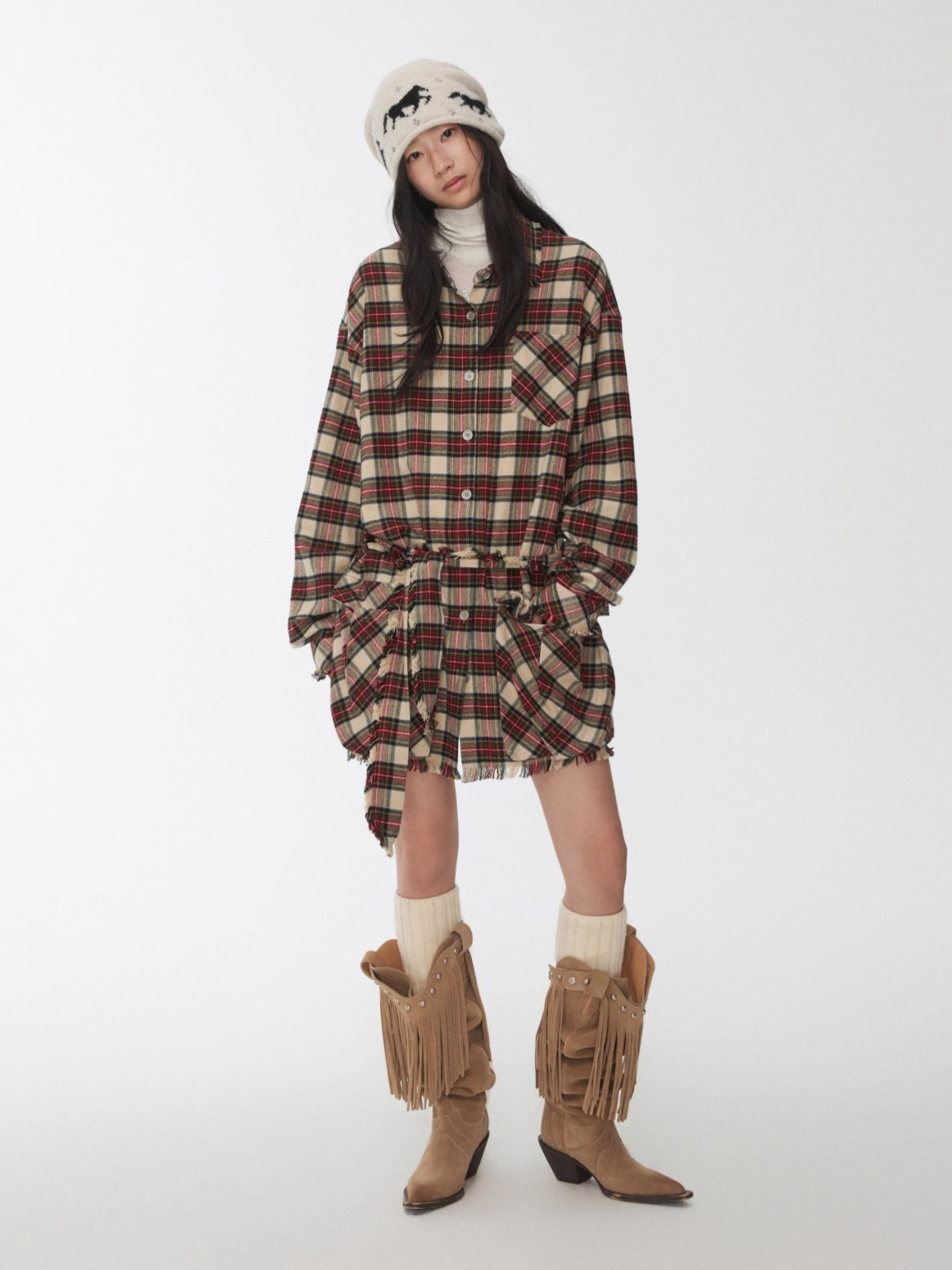 Vintage Red Plaid Frayed-Edge Utility Shirt Dress