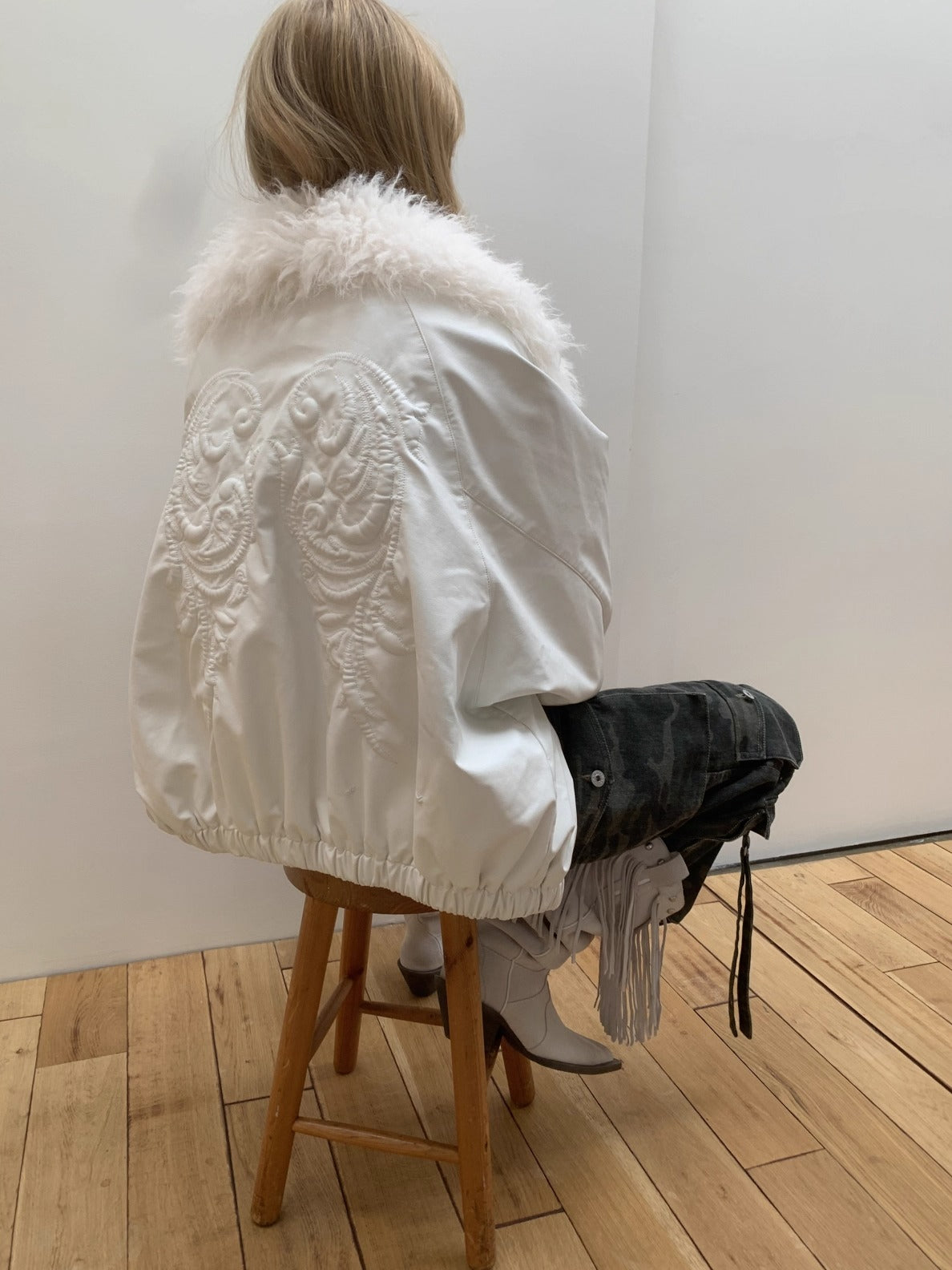 Embossed Faux Leather Puffer Detachable Fur Collar Jacket