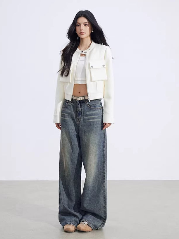 Chic Stand-Collar Tweed-Style Short Jacket