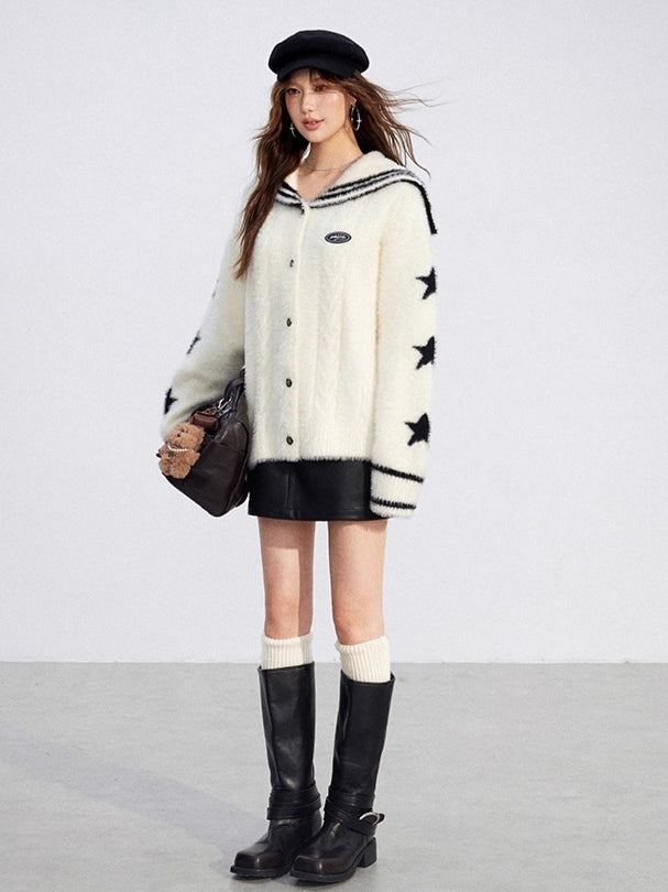 Navy-Collar Mink Plush Knit Turtleneck