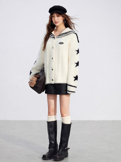 Navy-Collar Mink Plush Knit Turtleneck