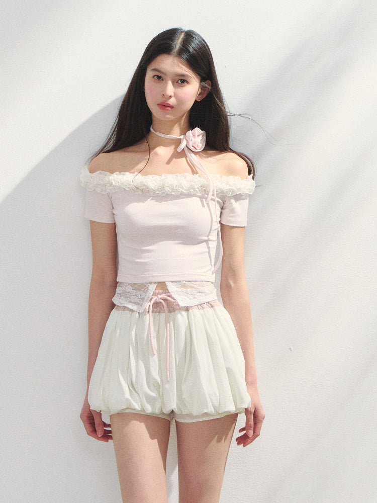 Off-Shoulder Irregular 3D Floral T-Shirt