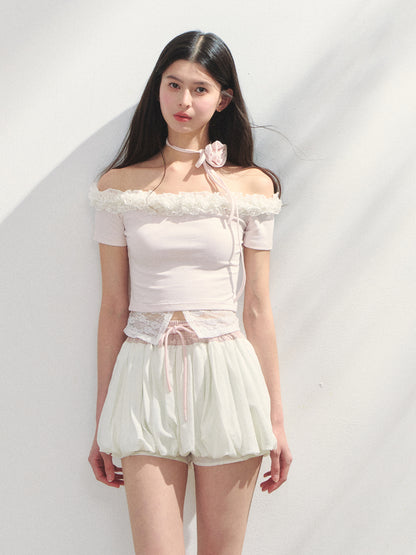Off-Shoulder Irregular 3D Floral T-Shirt