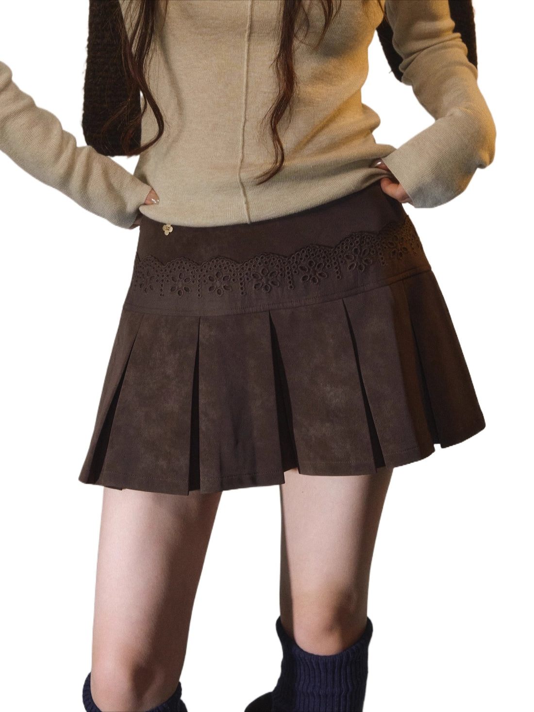 Lace-Trimmed Velvet Pleated Faux Leather Mini Skirt