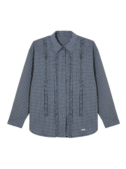 Plaid Ruffle Pleated Loose Long-Sleeve Shirt