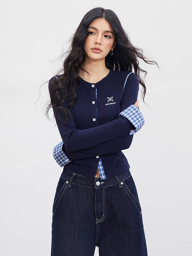 Plaid Embroidery Knit Cardigans