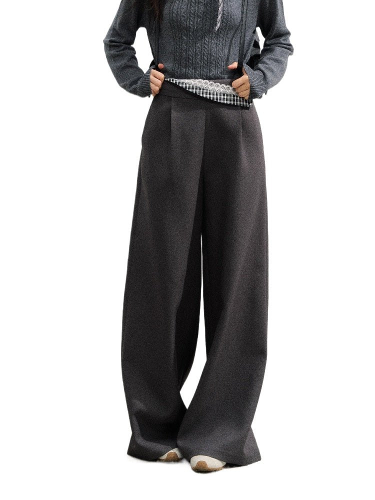 Plaid Panel Fold-Over Waist Straight Pants