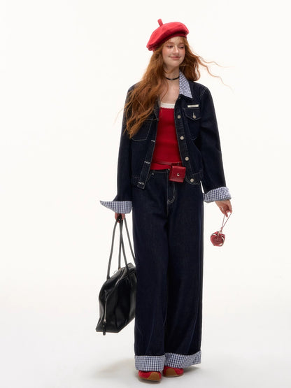 Retro Plaid Stitch Denim Jacket