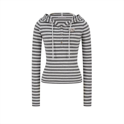 Striped Bear Button Hoodie Tee