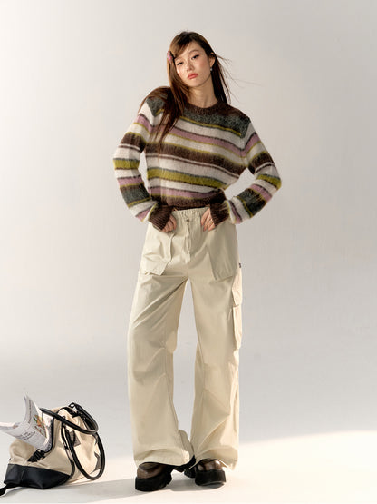 Color-Block Crew Neck Striped Knit Sweater